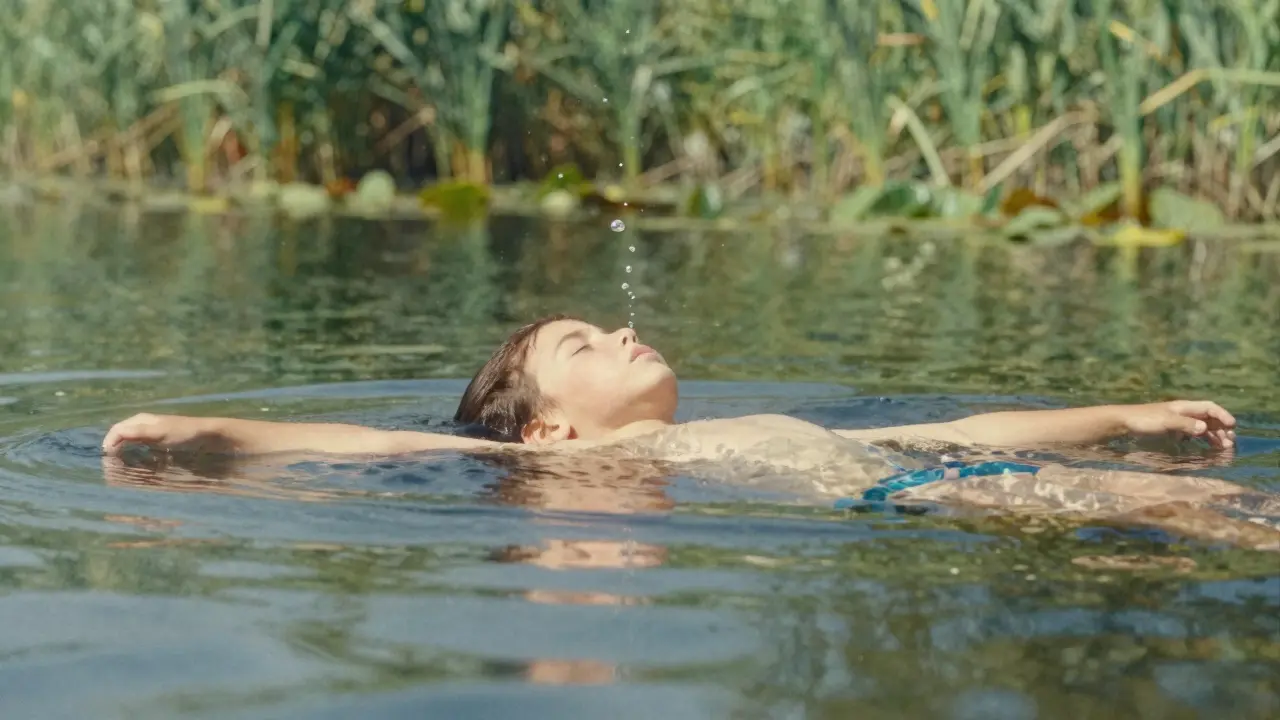 Dítě klidně plave pod hladinou rybníka, ruce volné, bublinky vystupují z nosu.