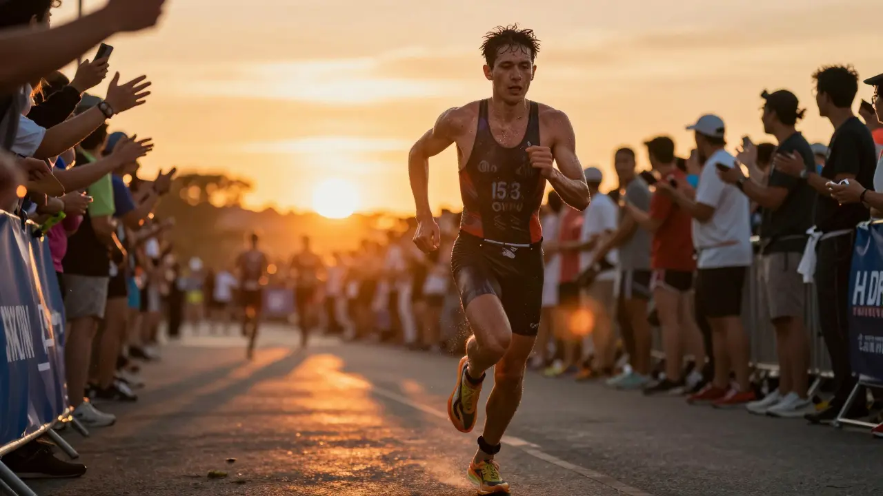 Finálový běh s diváky a cílovou čarou v pozadí