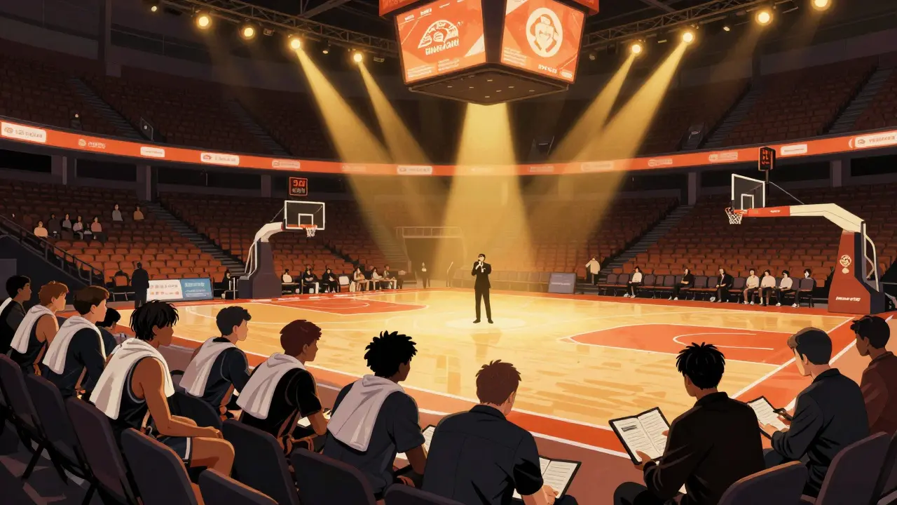 Halftime show in an NBA arena with performers on court and fans returning.