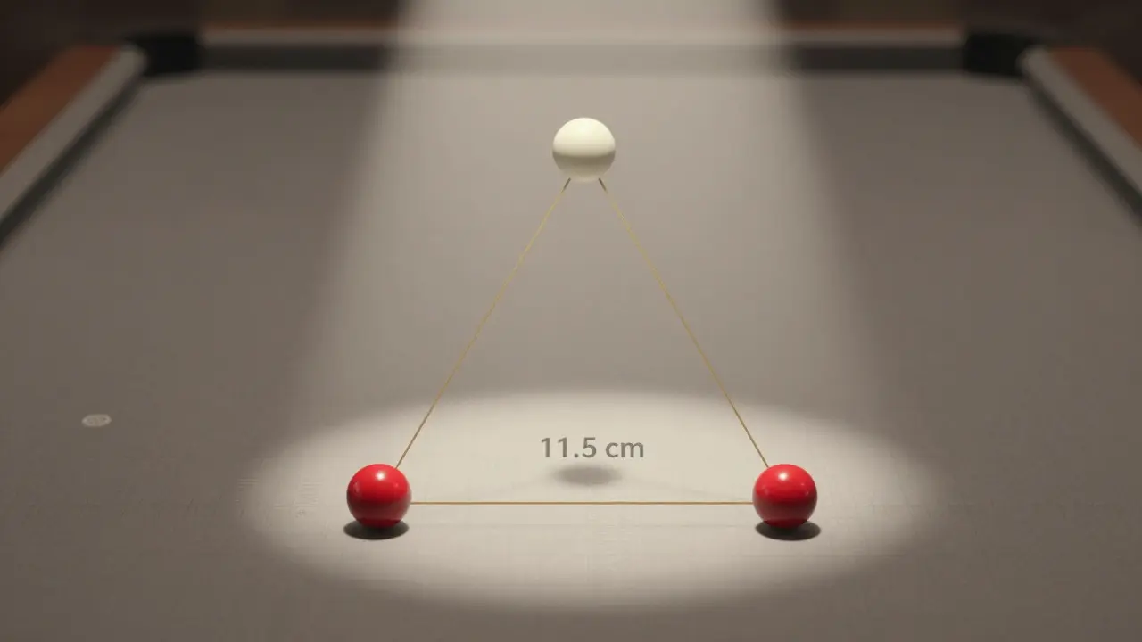 Koule na karambolovém stole spojené zlatými čarami, znázorňující ideální geometrii pro karambol.