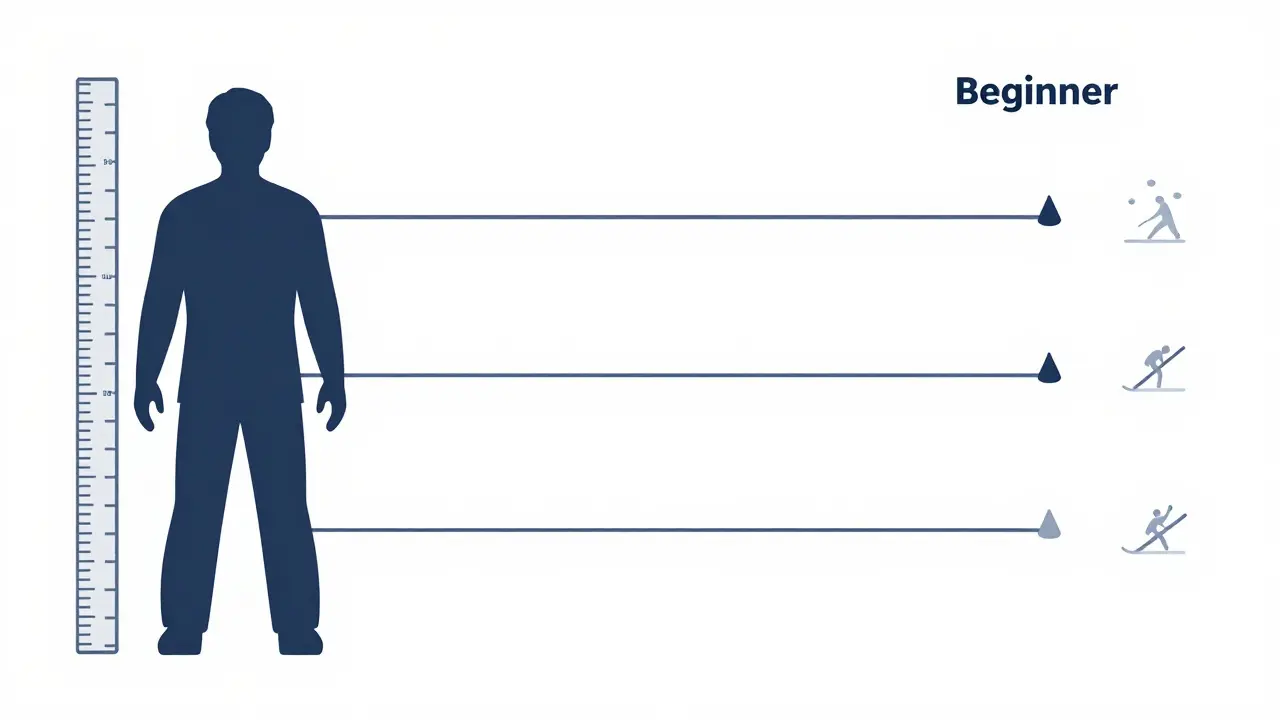Kresba člověka s vyznačenými úrovněmi vhodné délky lyží podle výšky těla.