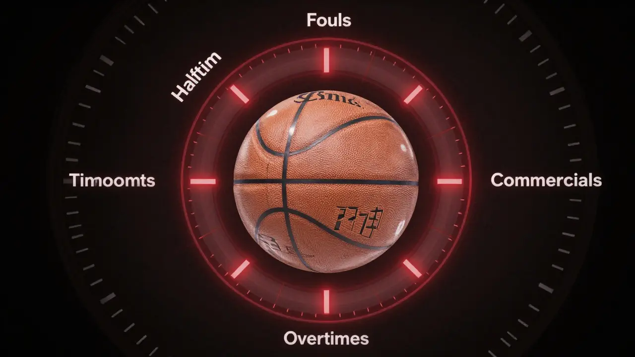 Layered visual of NBA game time components expanding beyond the 48-minute play.