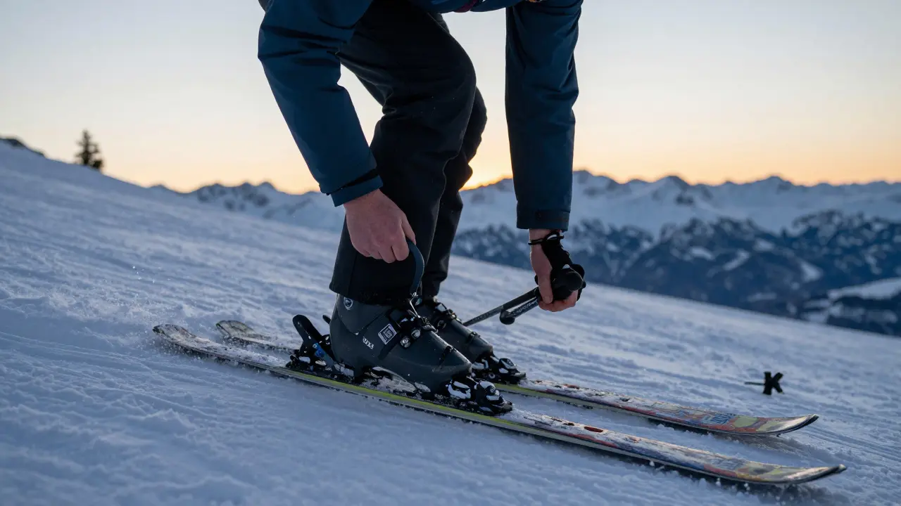 Lyžař testuje výstupní úhel vázání na mírném svahu při svítání.
