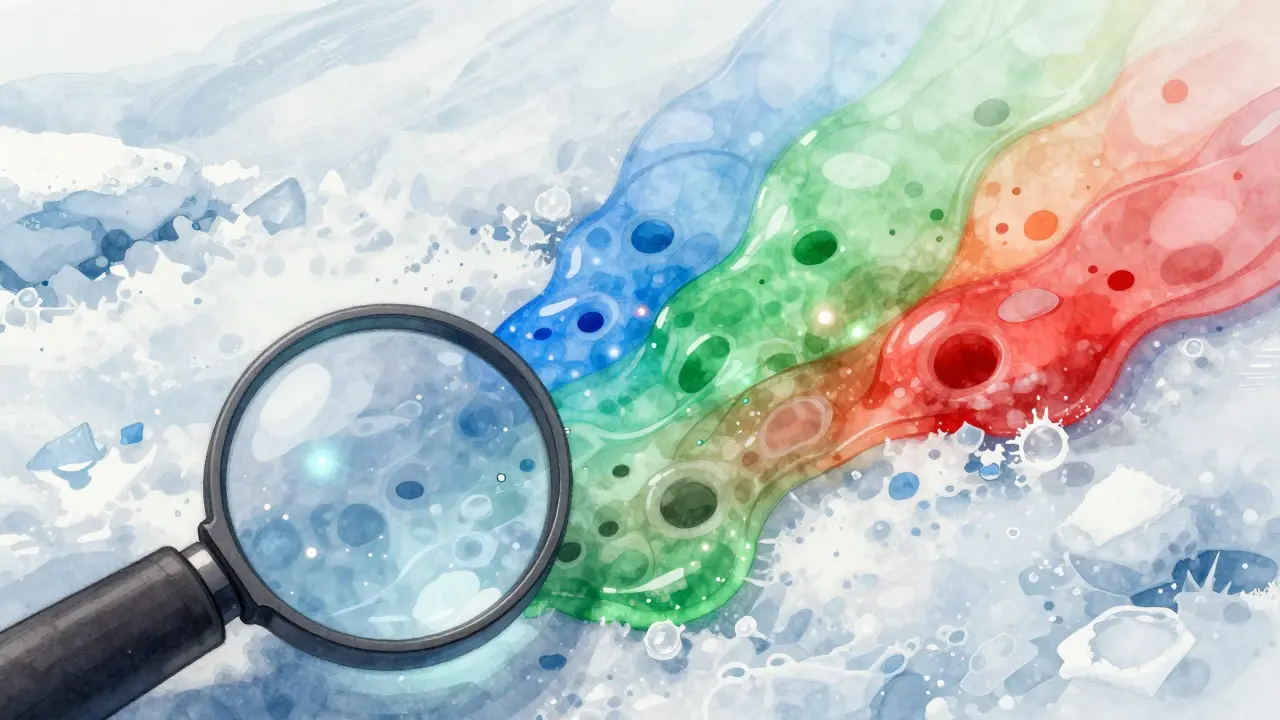 Magnified view of ski base absorbing different wax types, transitioning from dry snow to wet slush with color-coded zones.