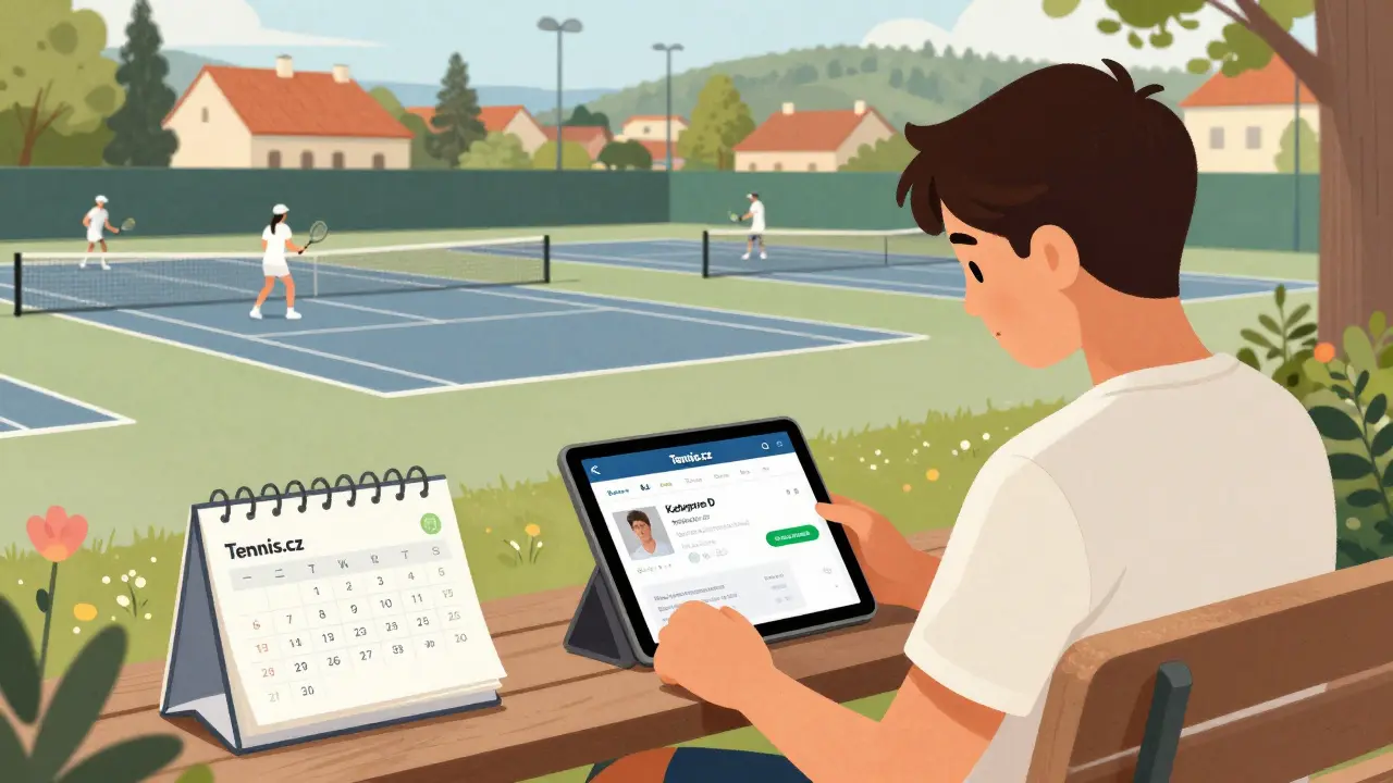 Mladý hráč prohlíží svůj tenisový profil na tabletu s kategorií D v krajinském prostředí.