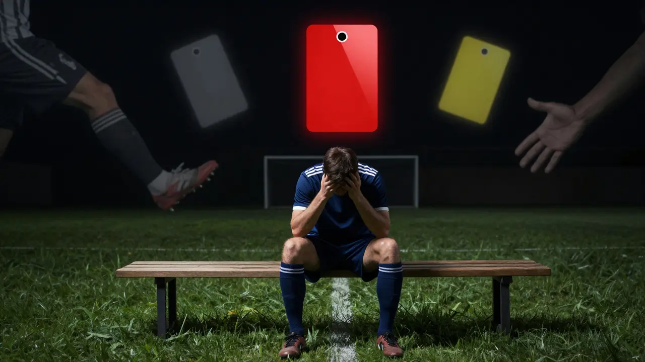 Náhradník na lavičce s náznakem červené karty ve vzduchu, symbolizující následky nevhodného chování.