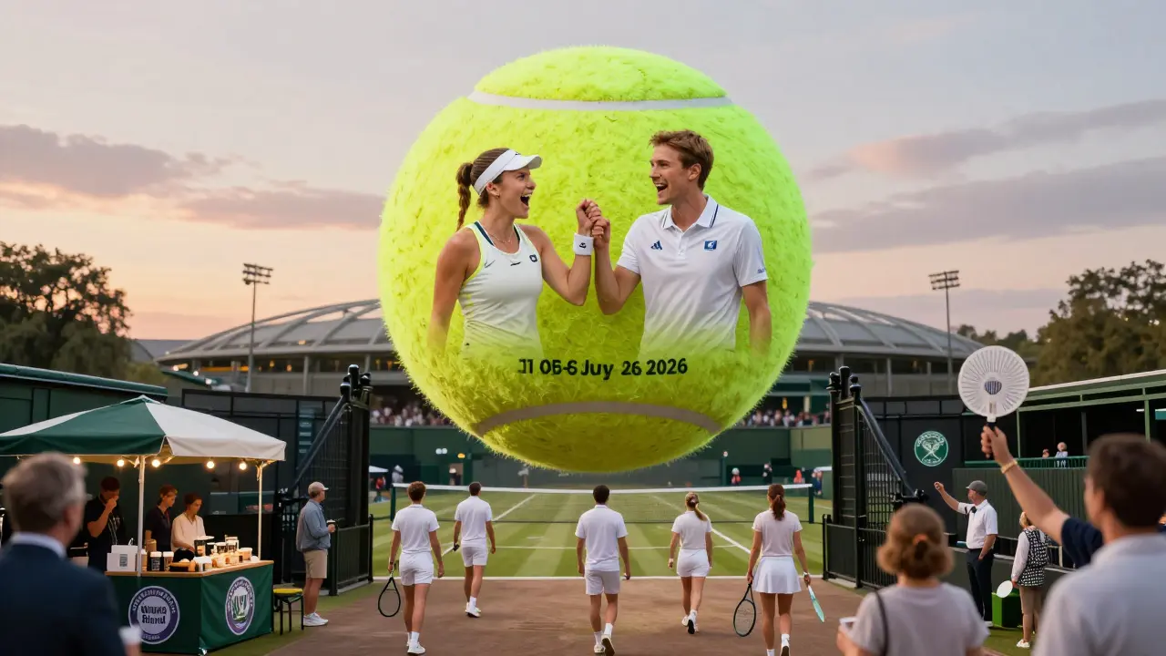 Obří tenisový míč nad Londýnem odrazující vzpomínky na české vítězství, kolem něj fanoušci směřující k Wimbledonu.