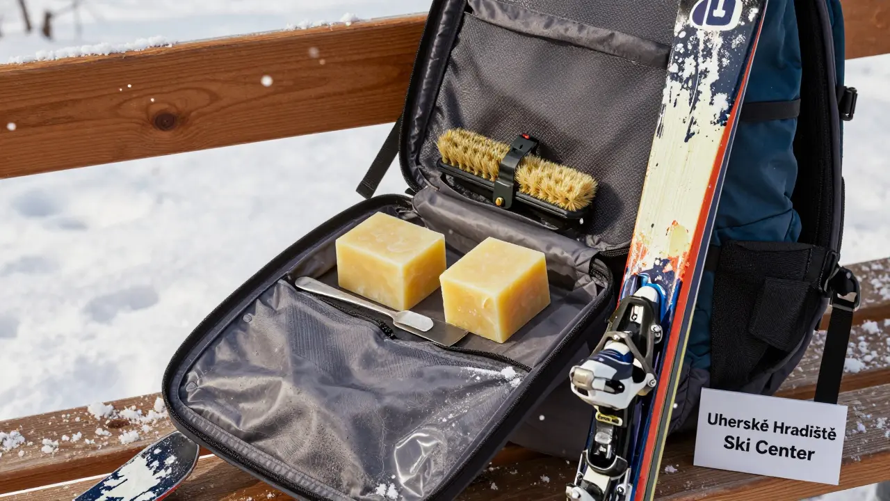Open backpack with ski wax, scraper, brush, and skis—one freshly waxed, one dull—on wooden bench in winter light.
