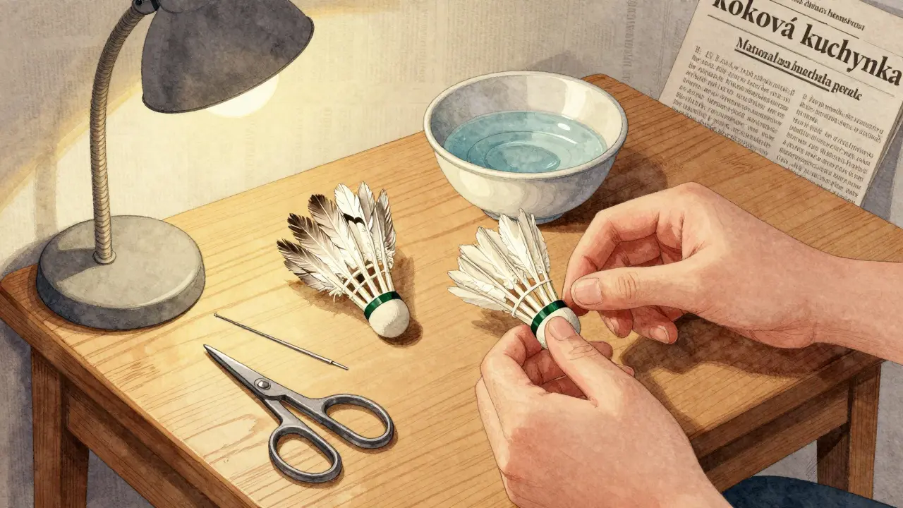 Opravárenský stůl s nářadím a opravovaným kokem v českém klubu, teplá voda a nůžky na stole.