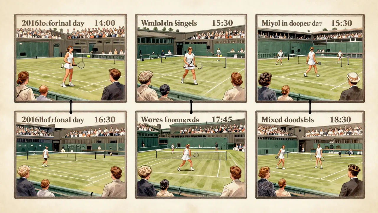 Pět zápasů finále Wimbledonu v pořadí dle času na centrálním hřišti s náznakem královské rodiny.