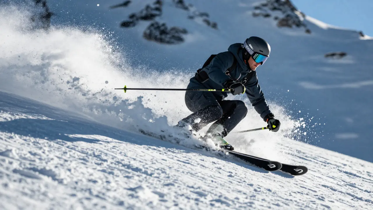 Pokročilý lyžař řízne zatáčku na tvrdém sněhu s úhlem 2°, letící sněhové krystalky.