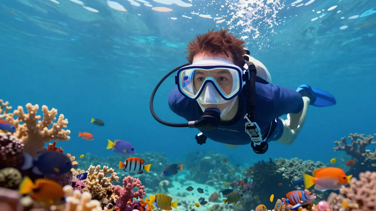 Potápěč s dvojitým sklem plave mezi živými korály a barevnými rybami.