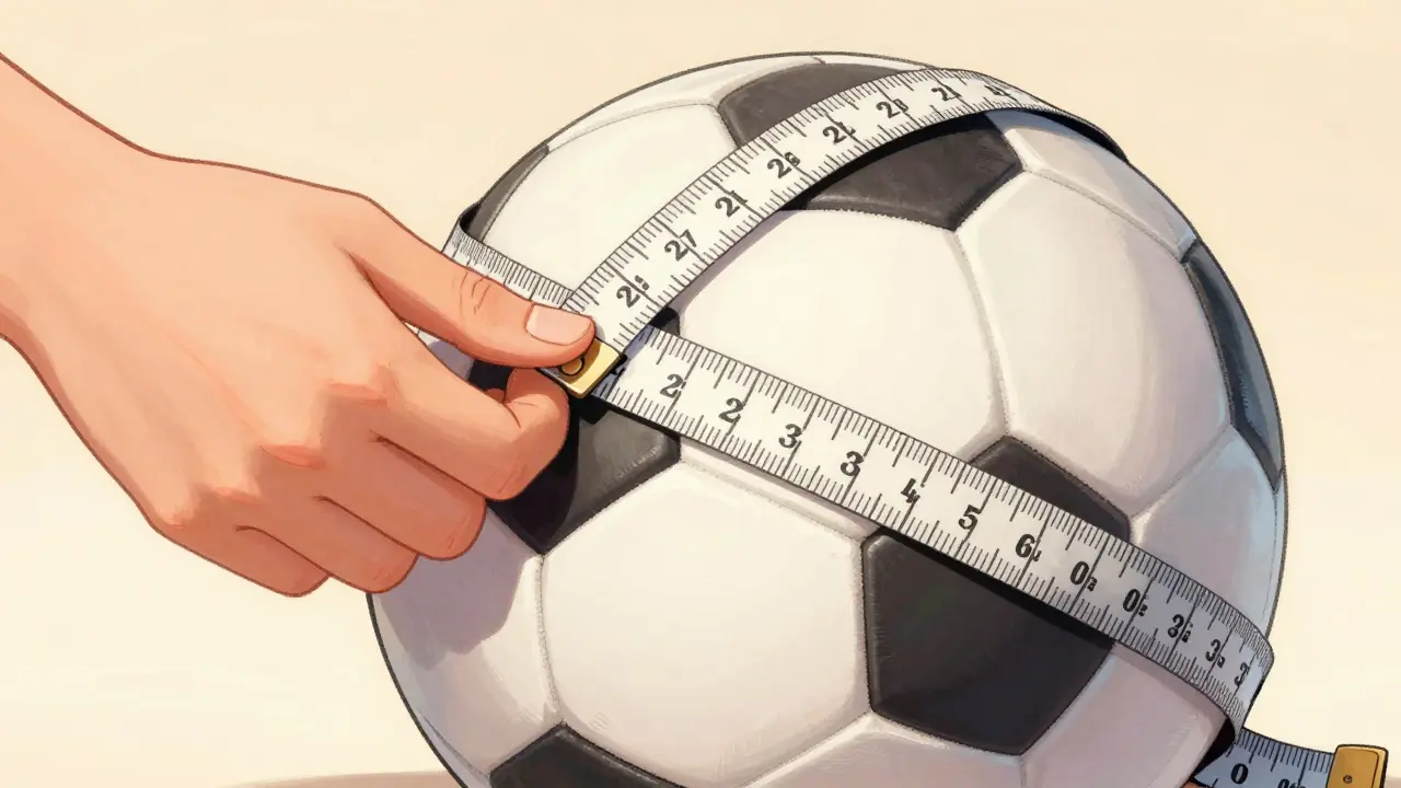 Ruka měří obvod fotbalového míče pomocí měřicí pásky