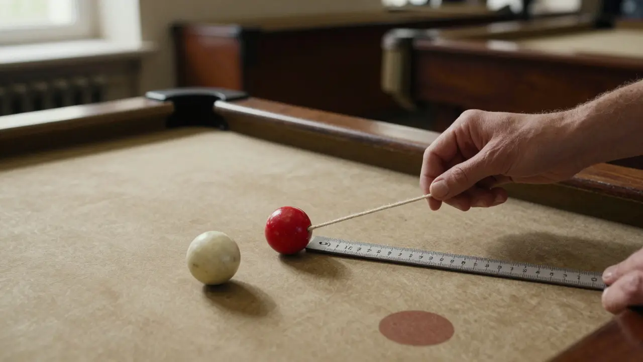 Ruka měří vzdálenost 11,5 cm mezi dvěma červenými koulemi na karambolovém stole.