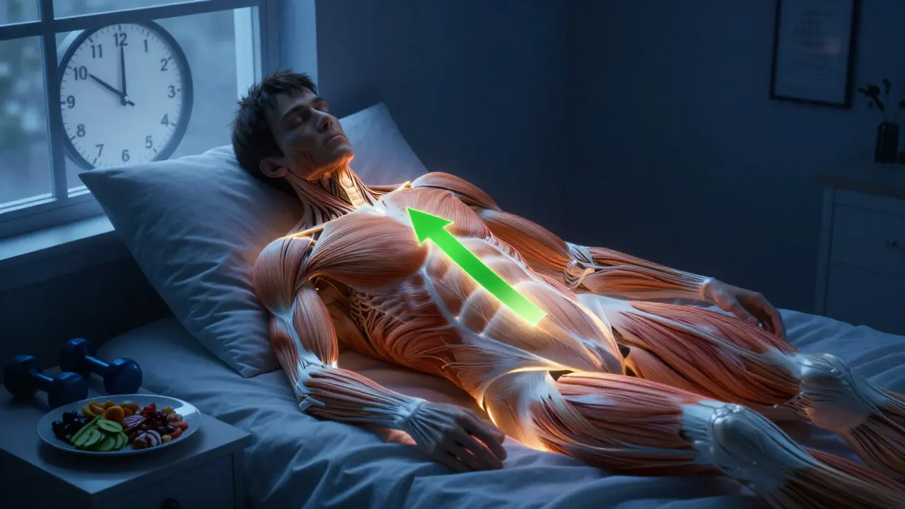 Silueta těla s osvětlenými svalovými vlákny během spánku, hodiny a jídlo vedle postele.
