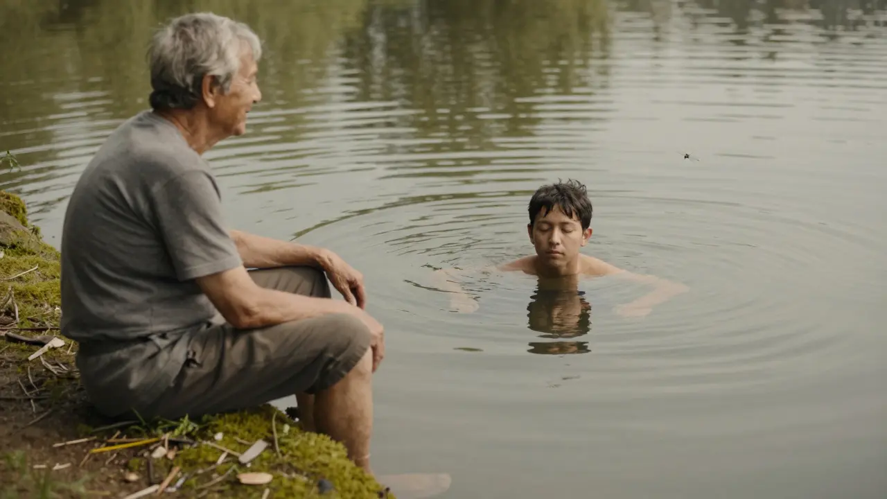 Starší osoba sedí na břehu rybníka a pozoruje mladšího, který se potápí bez strachu.