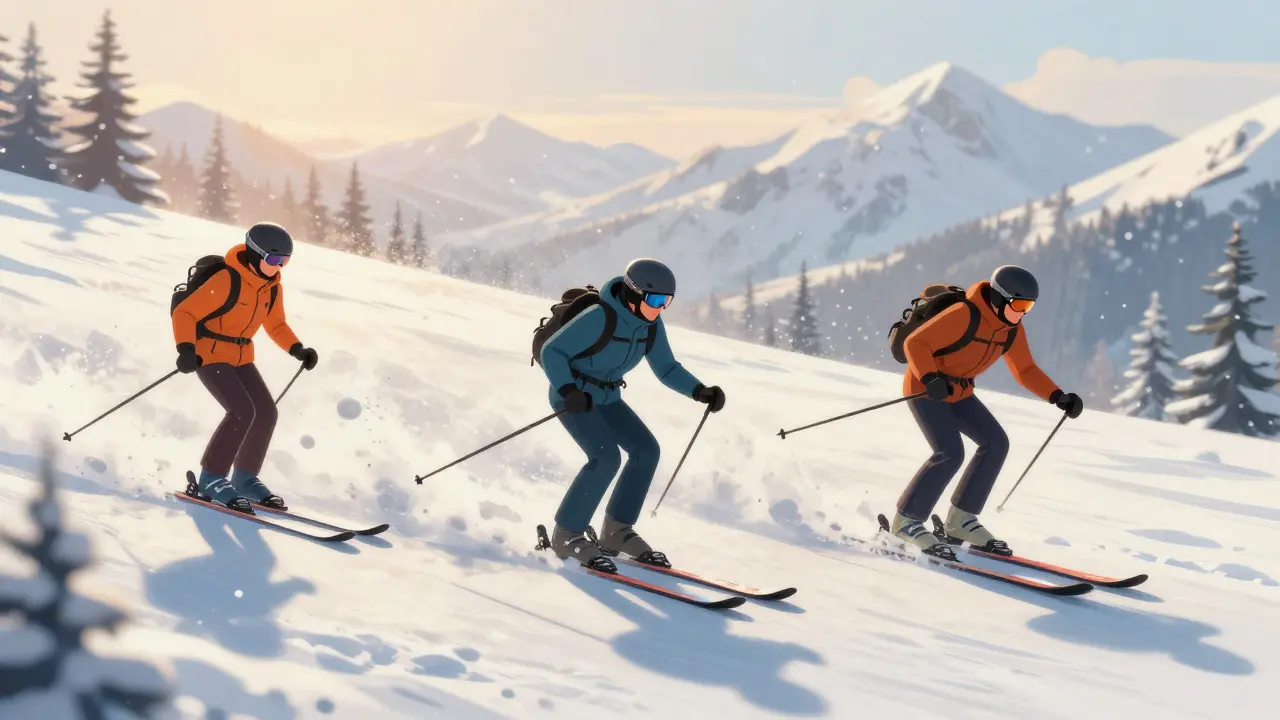 Tři lyžaři v různých typech terénu s lyžemi různé délky podle úrovně zkušeností.