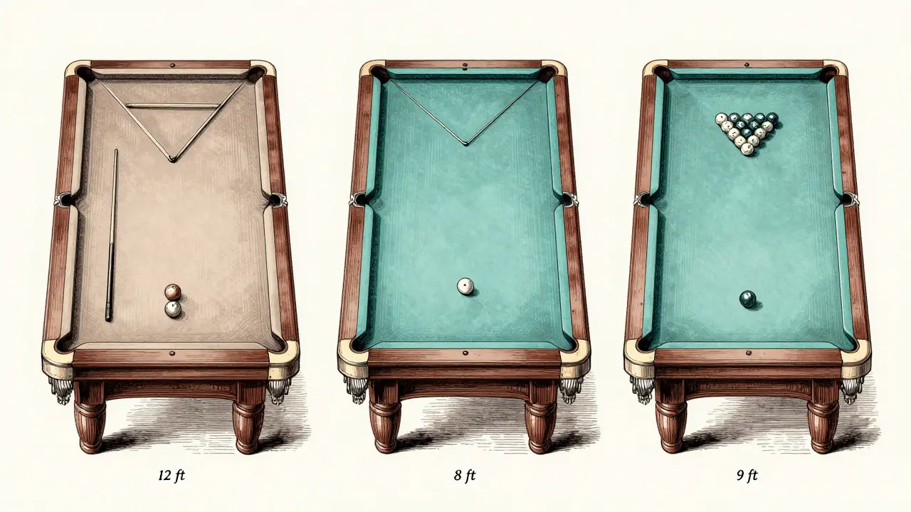 Tři typy bilardových stolů vedle sebe: snooker, anglický pool a americký pool s různými rozměry a koulemi.