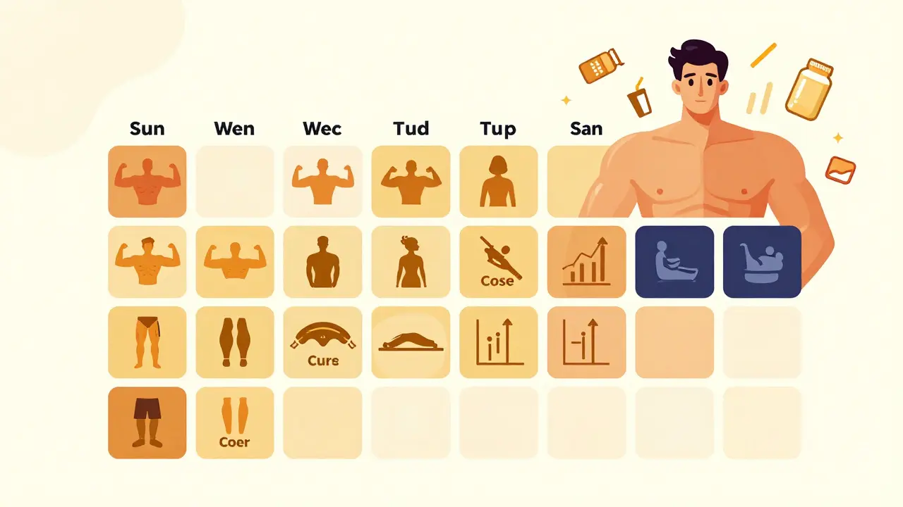 Týdenní plán tréninku jako barevná kalendářní mozaika s ikonami svalových skupin a doplňků.