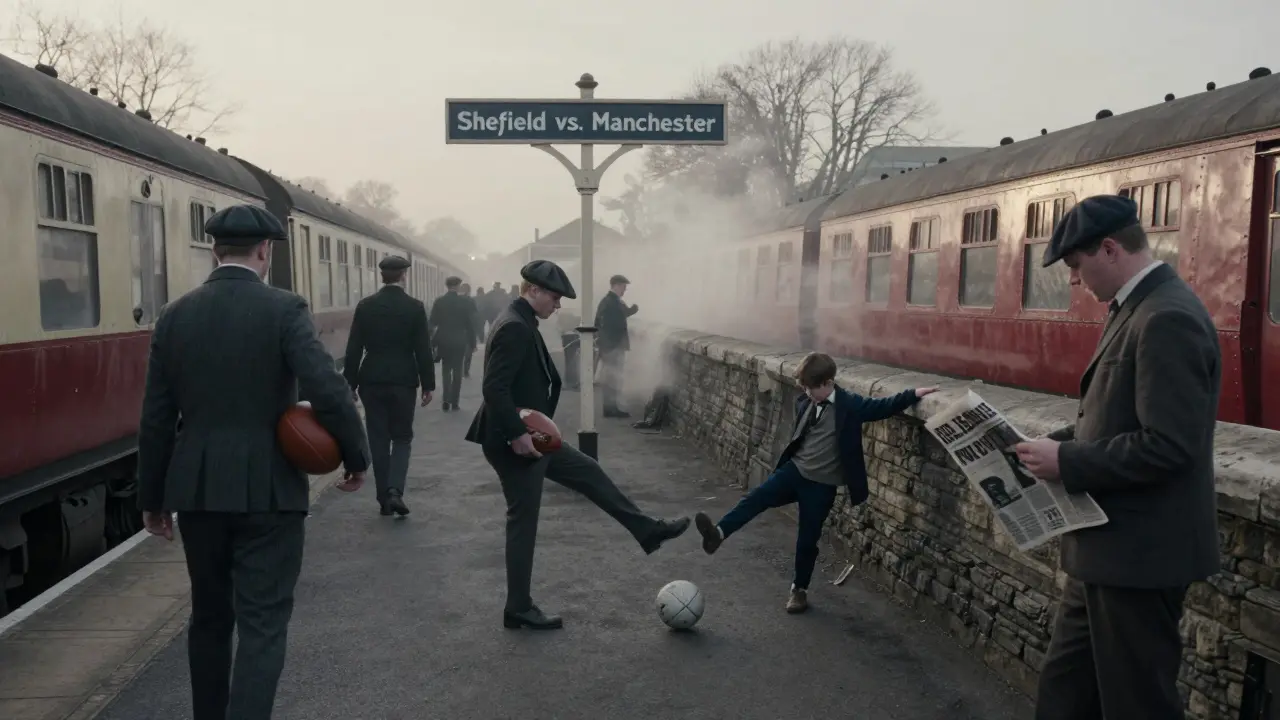 Workers board trains with footballs in 1870s England, with a child kicking a ball on the platform.