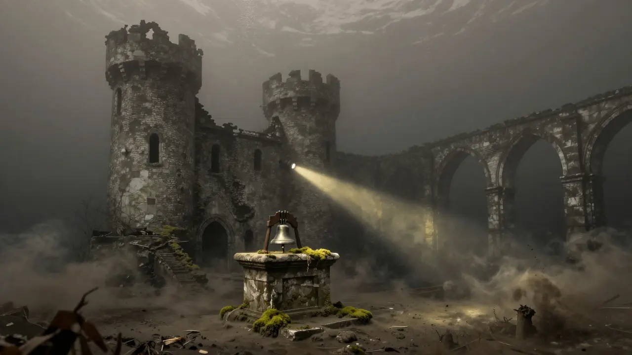 Zaniklý hrad v Jílovém s kamenným oltářem a kovovým zvonekem na dně 40metrové nádrže.