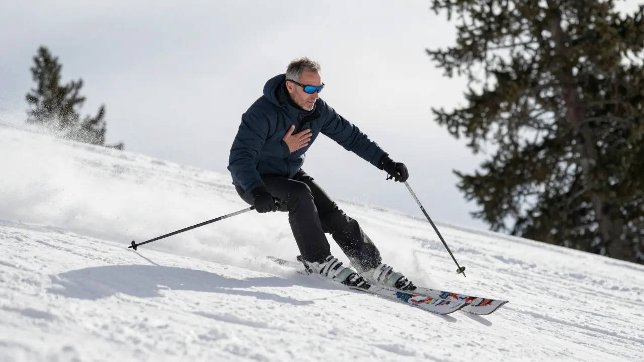 Zkušený lyžař bez hulek v tichém zimním prostředí, hulky leží u stromu, tělo v akci.