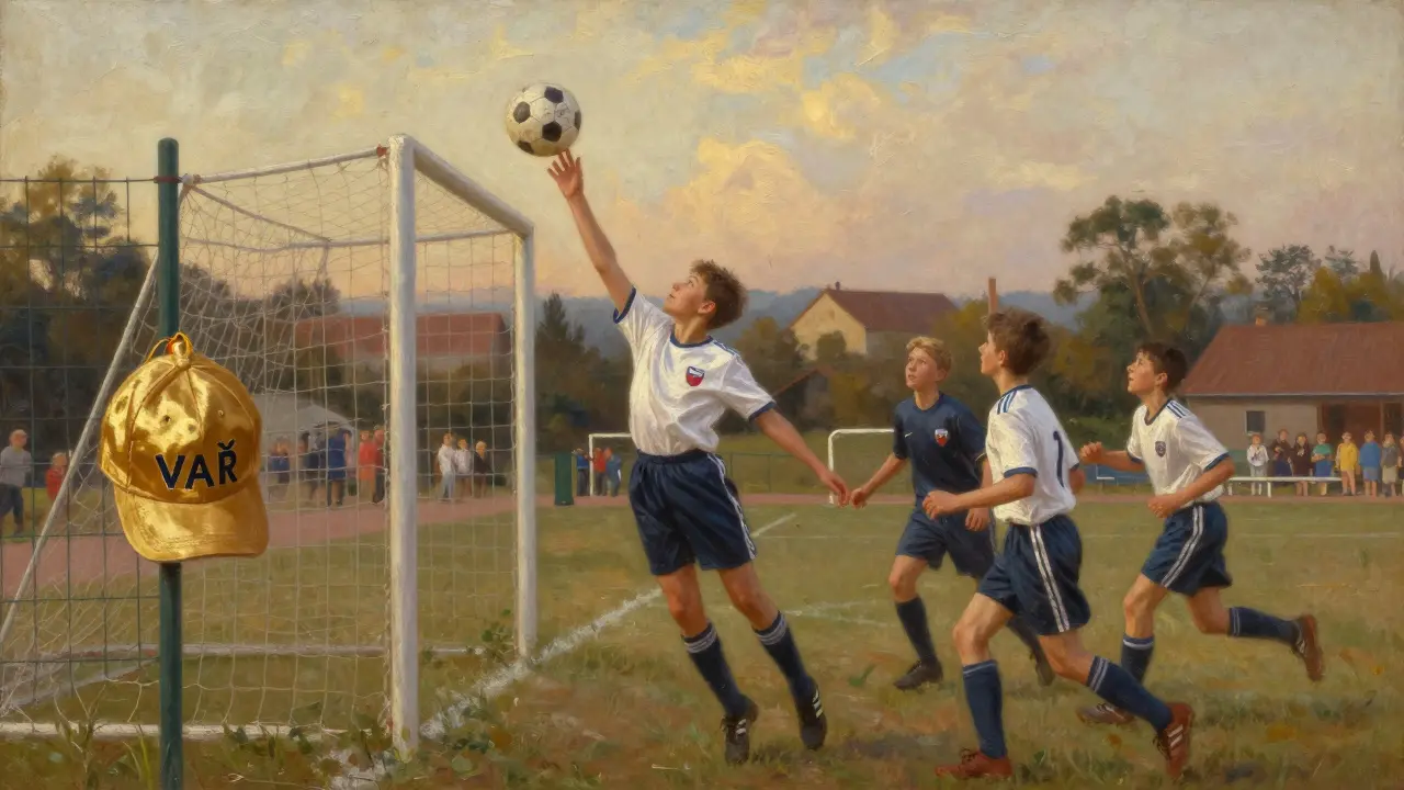 13letý chlapec slaví gól z rohu, míč se dotkne tyče a padá do sítě, zlatá čepice s 'VAŘ' visí na plotu.