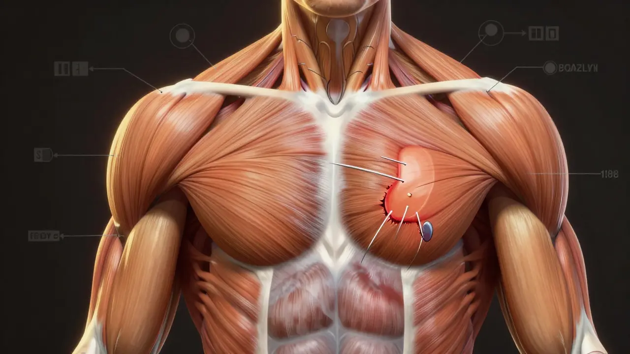 Anatomický náčrt svalových vláken prsního svalu při regeneraci a růstu.