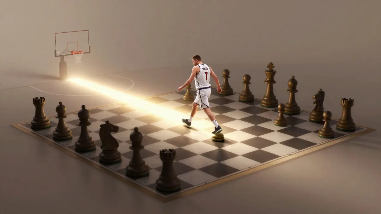 Artistic concept of a basketball player as a chess king pivoting on a court-chessboard, with defenders as opposing pieces.