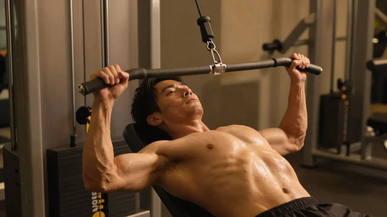 Člověk dělá cable chest press z nízkého bodu, kabely jsou napjaté.