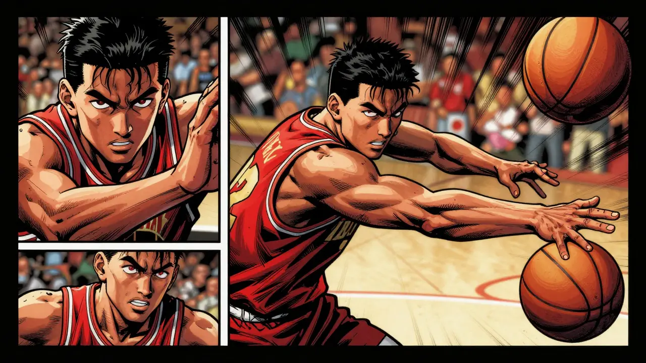 Comic-style sequence of a guard using a Fed pivot to create space for a shot, with action lines and dynamic motion.