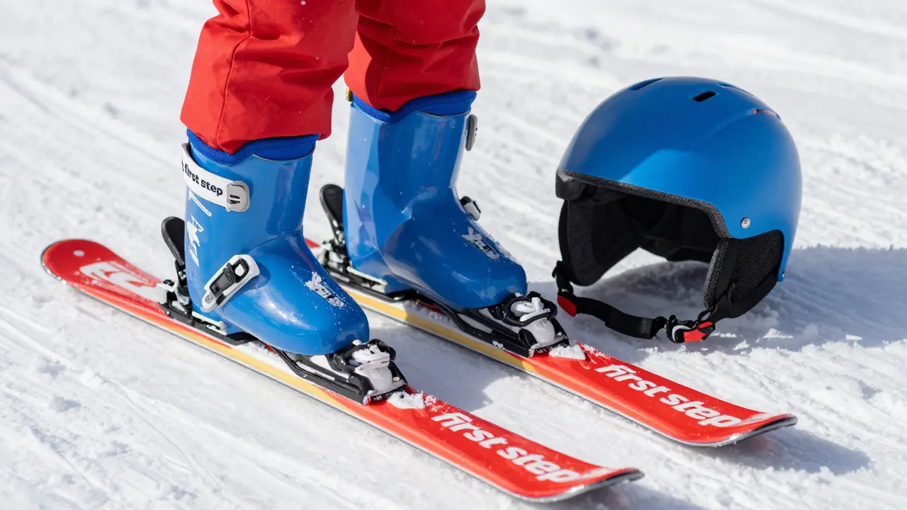 Detail dětských lyží, bot a helmy na bílém sněhu.