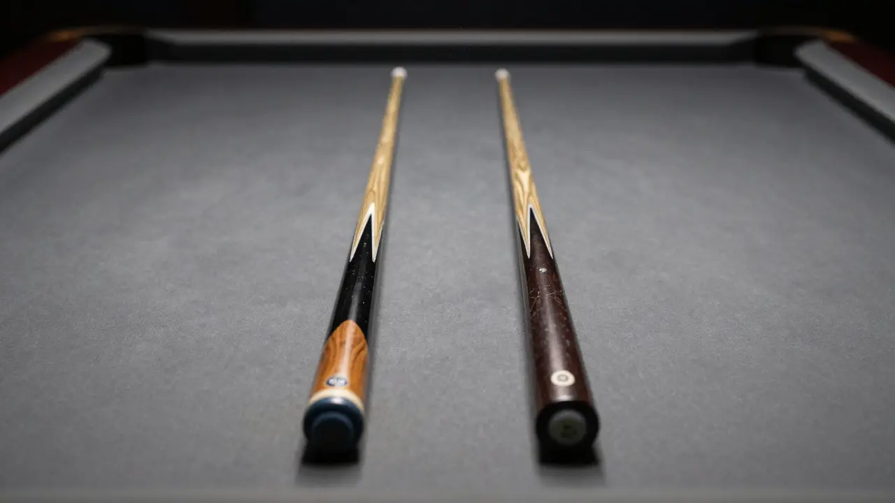 Dvě tága s různou hmotností a tloušťkou šaftu na kulečníkovém stole.