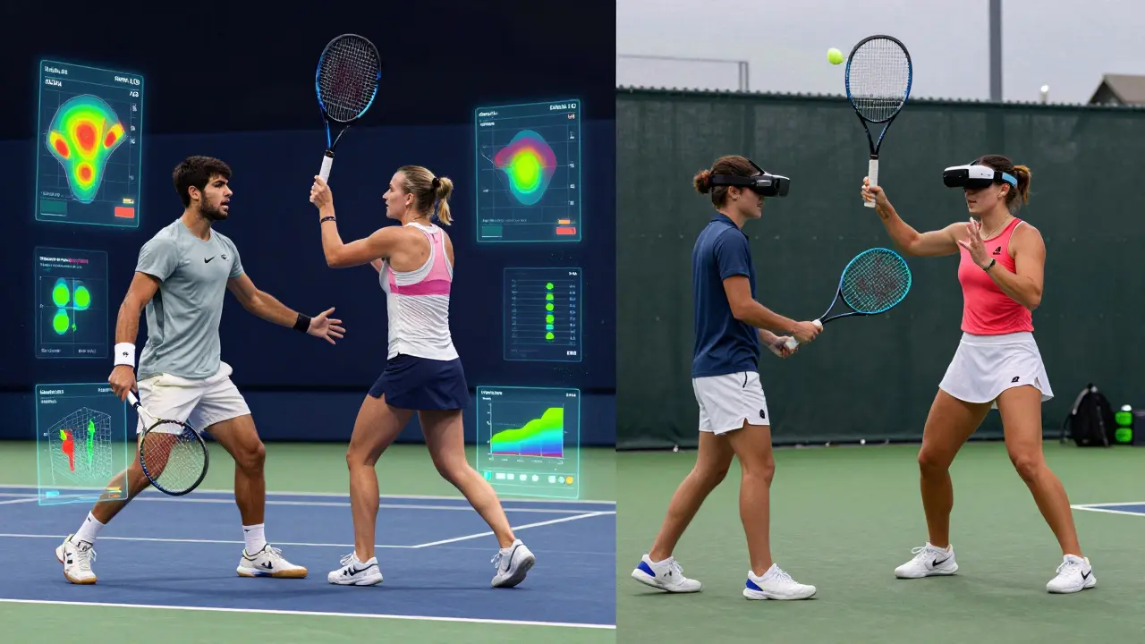 Holographic tennis analytics floating around Alcaraz and Świątek as younger players train with VR.