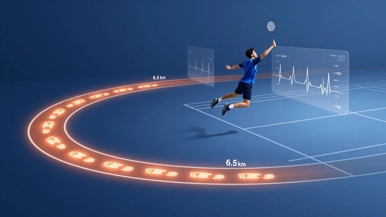 Hráč badmintonu s jasné stopou ujeté vzdálenosti 6,5 km, převedené na dráhu kolem hřiště.