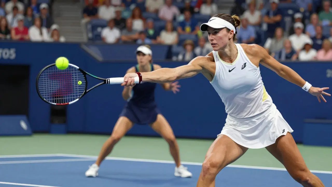 Iga Świątek executing a powerful forehand during her US Open 2025 final victory.