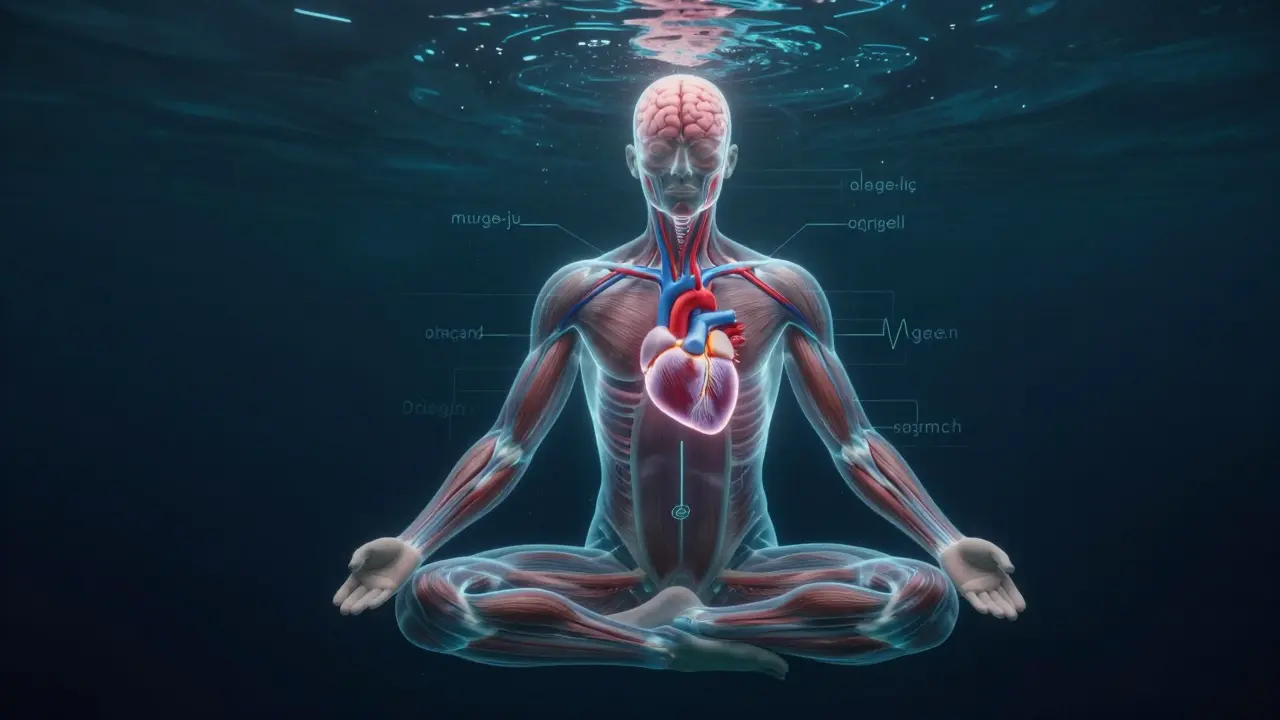 Ilustrace lidského těla pod vodou s přehledem fyziologických procesů: zpomalení tepu a přesměrování kyslíku.