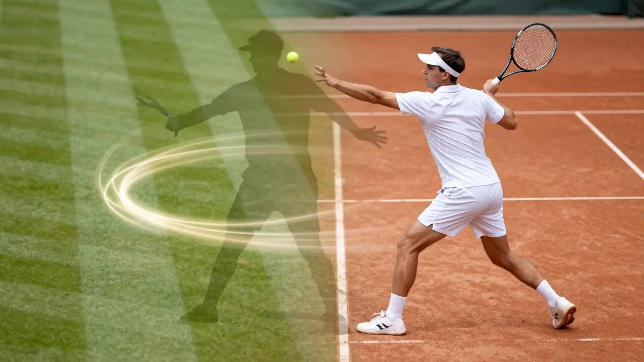 Kombinace historického a moderního pohybu v tenise: Tildenův úder a dnešní backhand se překrývají, symbolizují trvalý vliv jeho techniky.