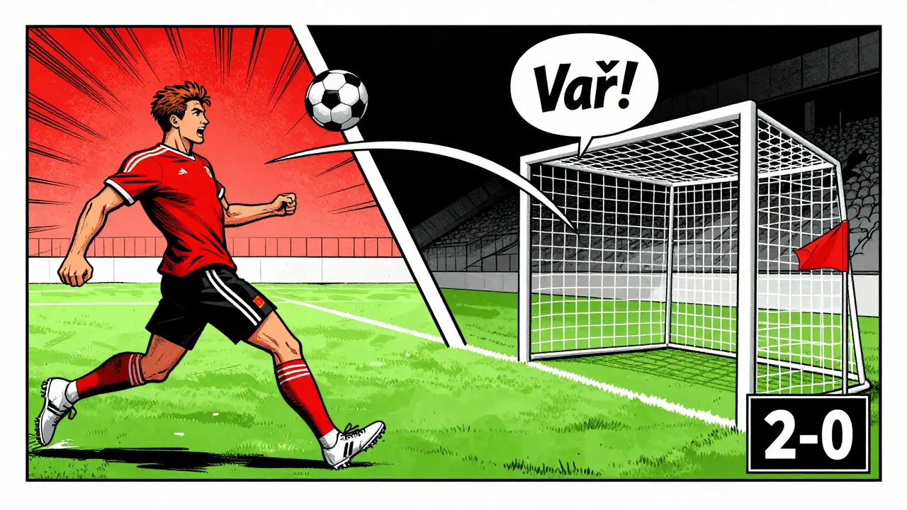 Komický styl: Lukáš Havelka vstřelí druhý vař během 12 minut, křivka míče a slovo 'Vař!' ve výstřelu.