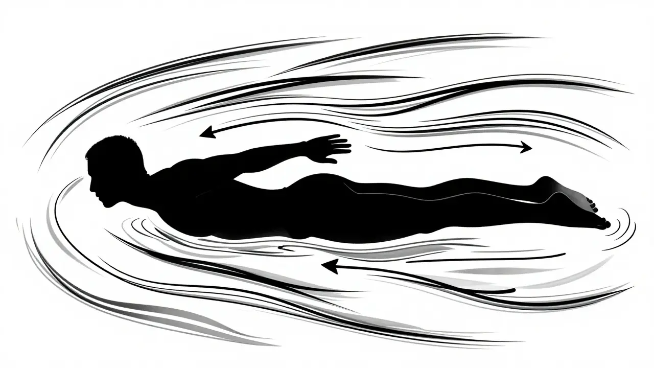 Konceptuální černobílá ilustrace těla v klidném pohybu pod vodou s vodorovnou pozicí.