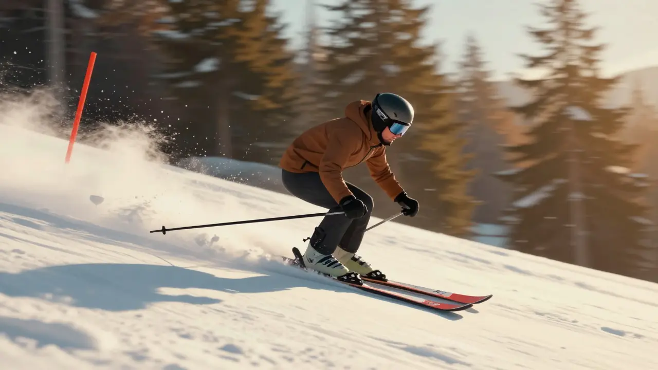 Lyžař ve zatáčce s mírným posunem váhy dopředu, lyže čistě řízí sníh, tělo v kontrolované, přirozené poloze.
