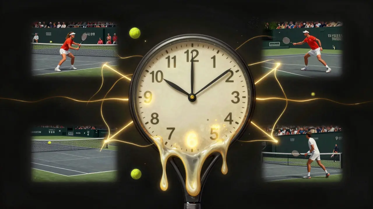 Melting clock over a tennis racket with symbols of historic matches and modern tiebreak, symbolizing time-saving.