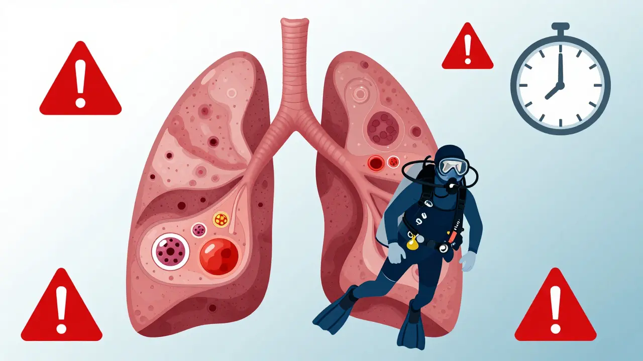Mikroskopické poškození plicních váčků způsobené dlouhodobým vystavením vysokému parciálnímu tlaku kyslíku.