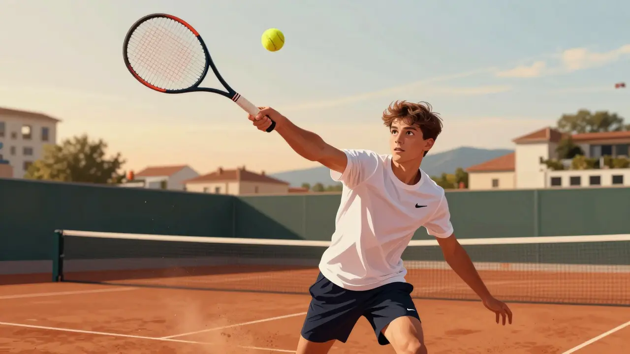 Mladý tenista na červené kortě v Evropě provádí úder inspirovaný Tildenovým gemem, s výraznou rotací těla a vysokým závěrem míčku.