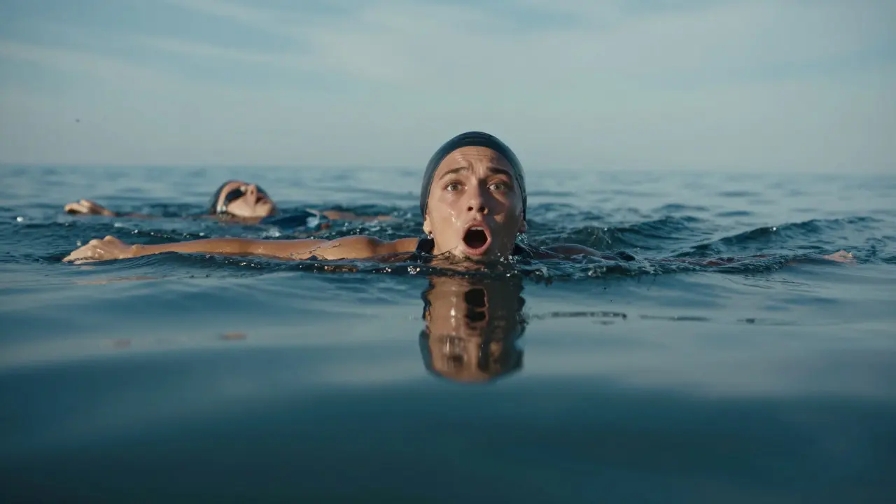 Muž na povrchu vody, který se snaží dýchat, zatímco jeho tělo začíná klesat.