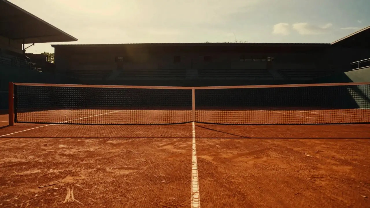 Nízký úhel záběru na tenisovou síť rozdělující hřiště za slunce.