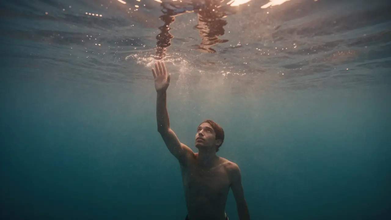Osoba pomalu vystupující z hluboké vody, viditelný dozorce nad ní, světlo z povrchu.