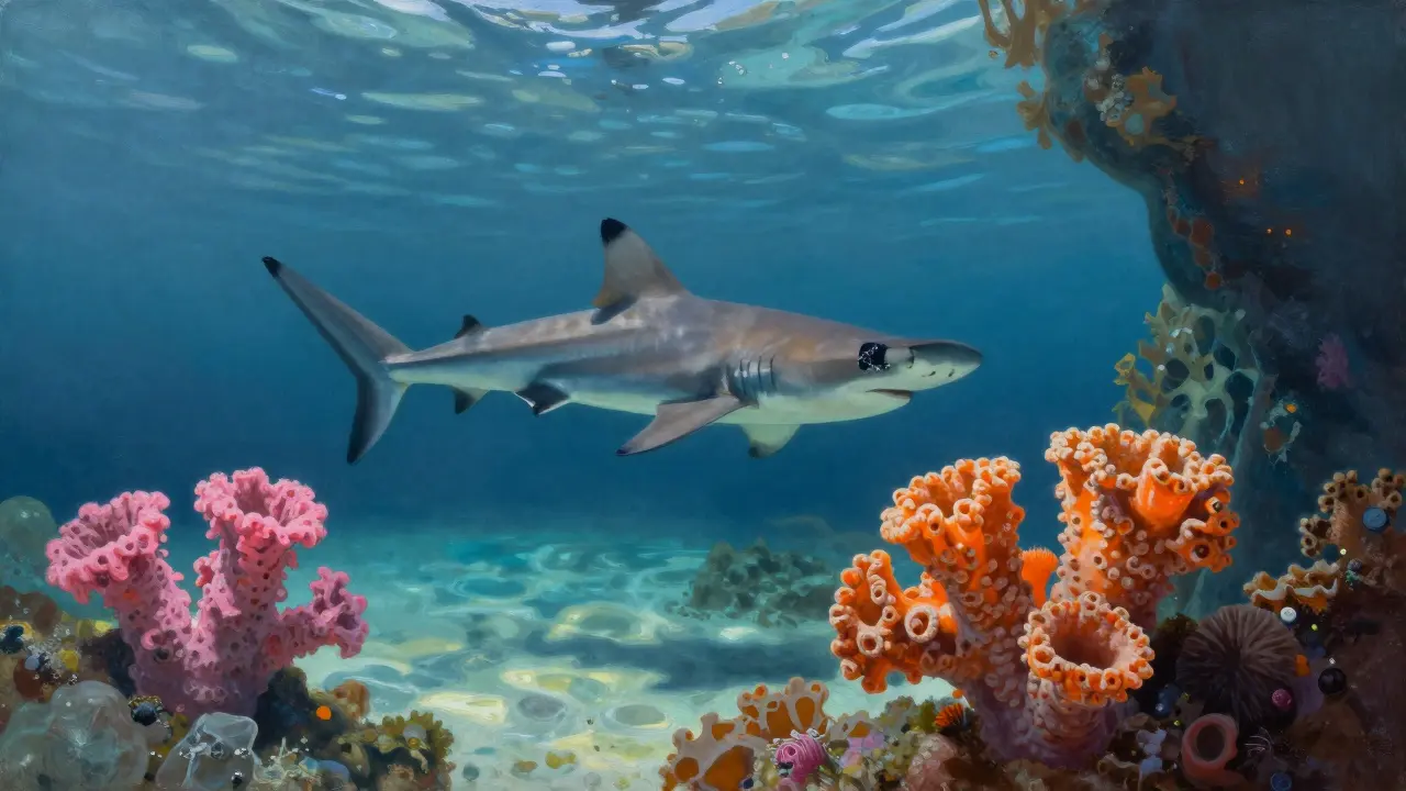 Podvodní svět jeskyně na Simi s růžovými a oranžovými houbami a kladivovými žraloky v tiché vodě.