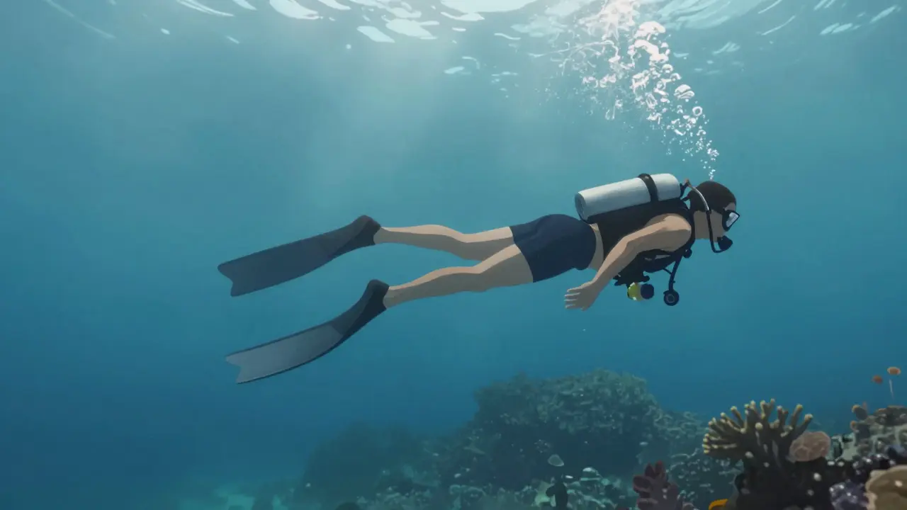 Potápěč s přesně vyváženým tělem a krátkými ploutvemi se klidně sestupuje pod vodou.