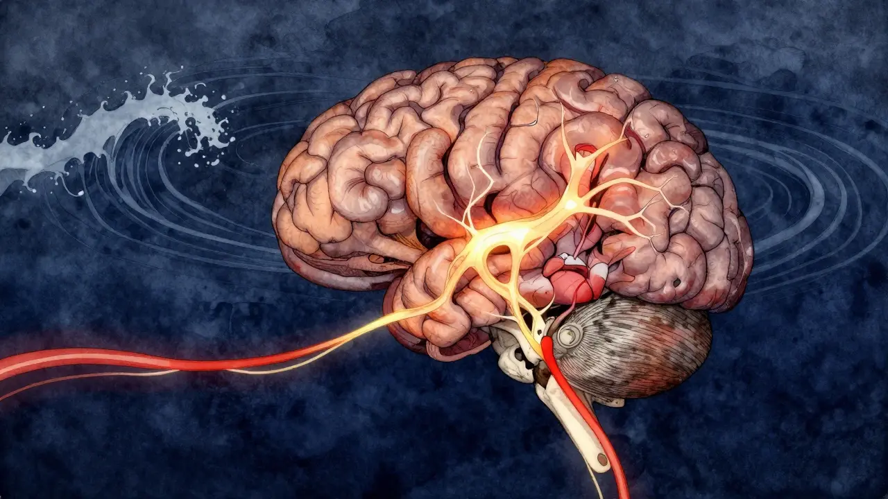 Průřez lidského mozku, kde se neuronové spojení postupně vypínají, zatímco krev proudí k mozku.